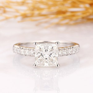 Anniversary Ring, Princess Cut 2CT Moissanite Engagement Ring, 14k White Gold Wedding Ring, Promise Bridal Ring, Half Eternity Band