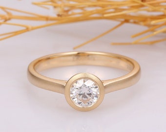 Matte Finish Outside, Polished Inside Ring Band, Art Deco Yellow Gold Round Cut 5mm Moissanite Ring, Dainty Bezel Setting Solitaire Ring