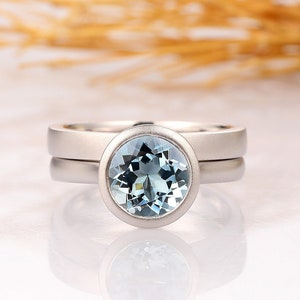 Bezel Setting Engagement Ring, Round Cut 1.5CT Natural Aquamarine Wedding Ring, 14k White Gold Matte Ring Set, Matte Plain Wedding Band
