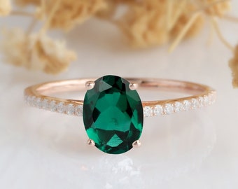 Emerald Ring, Oval Cut 1CT Emerald Engagement Ring, Solid 14k Rose Gold Wedding Ring, Promise Ring, May Birthstone Ring, Green Stone Ring