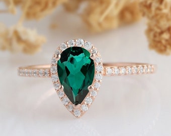 Pear Cut Emerald Wedding Ring, 14k Solid Rose Gold Green Gemstone Engagement Ring, Anniversary Gift Emerald Bridal Ring, Vintage Ring