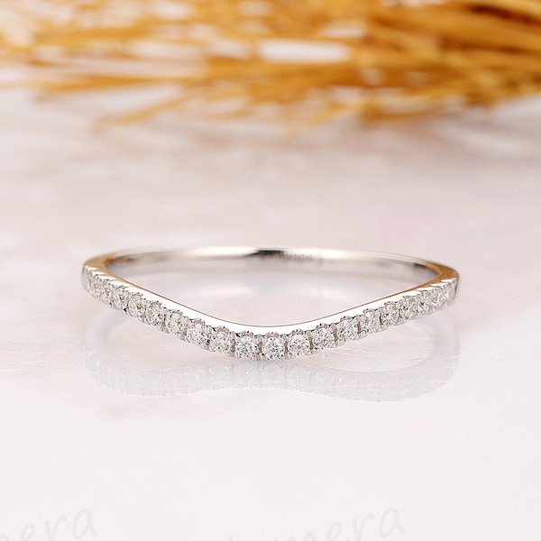 Alianza curva de moissanita, anillo de bodas de oro blanco de 14 k, anillo de aniversario para mujer, regalo para novia, anillo diario, regalos personalizados