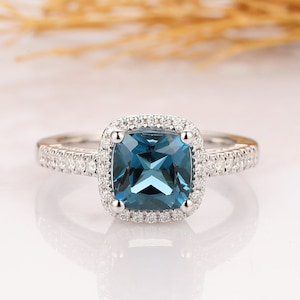 Natural London Blue Topaz Ring, Cushion Cut 2CT Topaz Engagement Ring, Halo Ring, 14k White Gold Wedding Ring, Art Deco Ring, Promise Ring