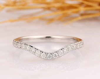 Curved Moissanite Wedding Band, 14k Solid White Gold Anniversary Ring, Moissanite Matching Band, 3/4 Eternity Band, Bridal Promise Ring