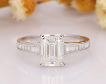 Emerald Cut Moissanite Engagement Ring, 2CT Moissanite Anniversary Ring, Half Eternity Moissanite Ring, White Gold Bridal Wedding Ring