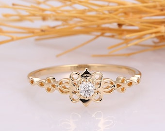 Floral  Natural Diamond Ring, Vintage Style Women's Ring, 14K Solid Yellow Gold Elegant Bridal Ring, Promise Gift Anniversary Ring For Her