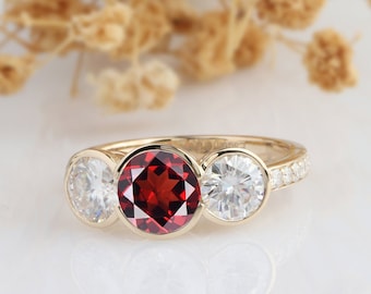 3 Stone Ring, 1.5CT Round Cut Natural Red Garnet Engagement Ring, Bezel Style Ring, 14k Solid Yellow Gold Wedding Ring, Women's Ring