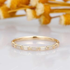 Gold Minimalist Ring, Low Profile Baguette Moissanite Bridal Ring, Dainty Baguette Stacking Ring, Brilliant Moissanite Wedding Band For Her