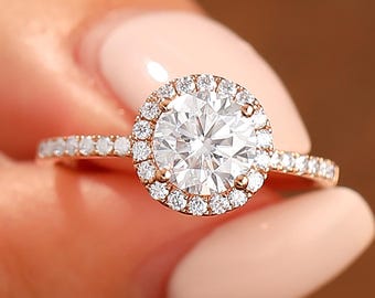 Round Cut 6.5mm Moissanite Engagement Ring, Halo Ring, 14k Solid White Gold Half Eternity Wedding Ring, Promise Anniversary Ring For Her