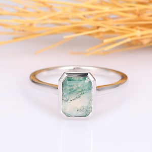 Bezel Setting Rose Gold 2CT Emerald Cut Natural Moss Agate Engagement Ring, Art Deco Women&#39;s Ring, Promise Anniversary Gift For Fiancée