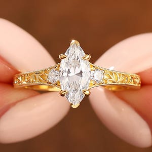 Unique Vintage Filigree Engagement Ring, Milgrain Marquise Cut 1CT Moissanite Ring, Art Deco Promise Ring For Women, Anniversary Gift