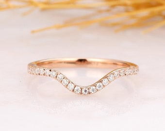 Curved Moissanite Wedding Band, Solid 14K Rose Gold Bridal Wedding Ring, Anniversary Ring, Moissanite Matching Band, 3/4 Eternity Band