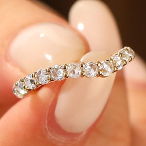 Round Rose Cut Moissanite Stacking Ring, 3/4 Eternity Moissanite Wedding Band, 14K Yellow Gold Anniversary Gift, Curved Band For Women