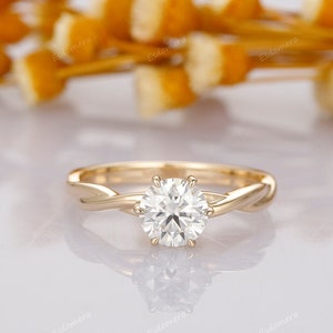 1.0 CT Round Moissanite Solitaire Engagement Ring, Twisted Band Anniversary Ring, Yellow Gold 6 Prong Wedding Ring, Bridal Ring For Women