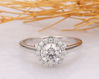 6mm Round Cut Moissanite Engagement Ring, Solid 10K White Gold Halo Moissanite Ring, Promise Anniversary Gift For Women, Art Deco Ring