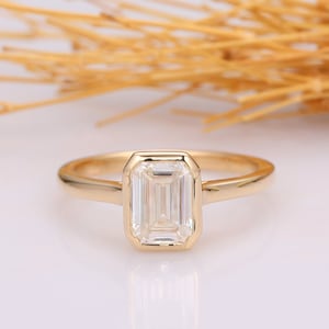 Emerald Cut Solitaire Moissanite Engagement Ring, 14K Yellow Gold 1.5CT Moissanite Wedding Ring, Vintage Anniversary Bridal Ring For Women