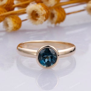 6mm Round Cut Natural London Blue Topaz Ring, Bezel Setting Ring, 14K Solid Yellow Gold Engagement Ring, Low Profile Design, Women's Ring