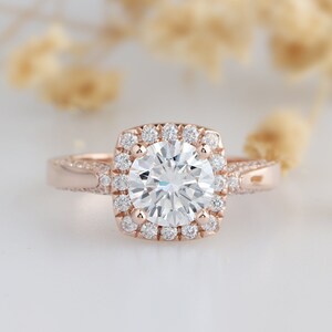 14K Rose Gold 1.25ct Round Cut Moissanite Engagement Ring, Halo Ring, Promise Bridal Anniversary Ring, Vintage Art Deco Women&#39;s Ring