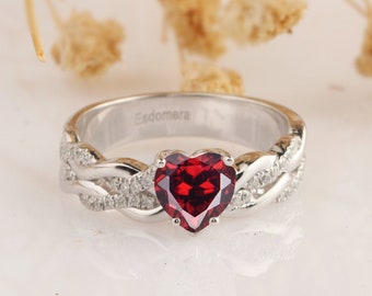 Natural Red Garnet Wedding Ring, Heart Shape 1CT Garnet Engagement Ring, Rope Design, Solid Gold Ring, Soldered Ring, Promise Ring