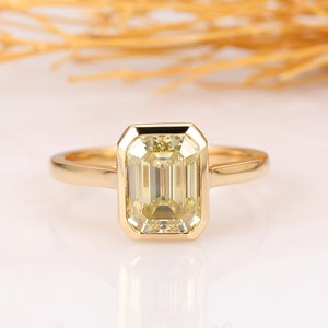 2CT Emerald Cut Yellow Moissanite Bridal Wedding Ring, 14K Yellow Gold Engagement Ring, Bezel Setting Design, Anniversary Gift For Women