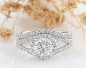 Round Cut 1CT Moissanite Ring, Halo Vintage Pave Set Accents 14k White Gold Wedding Bridal Set Engagement Ring, Wedding Set, Promise Ring
