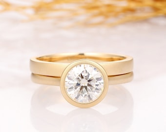 Round Cut 1.5ct Moissanite Wedding Ring, 10k/14k Yellow Gold Matte Bridal Ring Set, Plain Wedding Band, Bezel Setting, Anniversary Ring