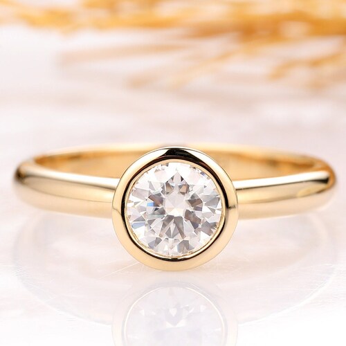Moissanite Silver Ring, Bezel Set 0.80CT Round Colorless Moissanite Ring, Simple Solitaire Yellow Gold shops Plated Engagement Ring, Wedding Ring