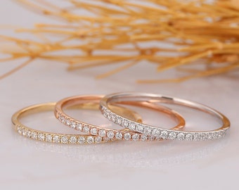 14K Massivgold Natürlicher Diamant Ehering, Art-Deco-halbe Ewigkeit Frauenring, Versprechen Brautring, Jubiläumsgeschenk für sie, zierlicher Ring