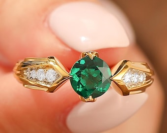 Anillo de Zelda, diseño de la Trifuerza del videojuego, anillo de compromiso con esmeralda de 1 quilates, oro bicolor de 14 k, anillo de bodas solitario con esmeralda del juego Z, anillo Geeks