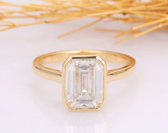 3CT Emerald Cut Moissanite Solitaire Ring, 14K Yellow Gold Engagement Ring, Bezel Setting Anniversary Ring, Handmade Promise Bridal Ring