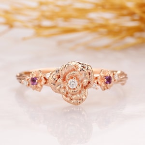 Floral Diamond Ring, Diamond Rose Flower Design, 14k Solid Rose Gold Wedding Ring, Elegant Engagement Ring, Gift For Lover, Fashion Ring