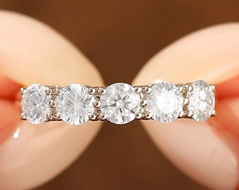 Anello con 5 pietre di moissanite, anello in oro massiccio bicolore 14k, anello di promessa per anniversario, anello nuziale, anello di fidanzamento con moissanite, anello quotidiano per lei