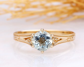 Antique Filigree Aquamarine Ring, Solitaire 6 Prong 1CT Round Cut Aquamarine Wedding Ring 14k Yellow Gold, Art Deco Vintage Engagement Ring