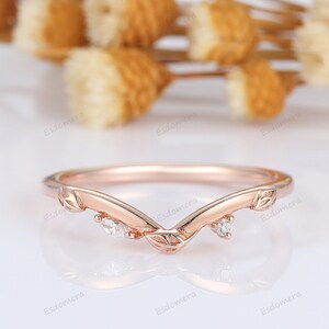 Solid Gold Leaf Wedding Ring, Nature Inspired Moissanite Anniversary Gift Ring, Curved Wedding Band, Unique Promise Band For Women