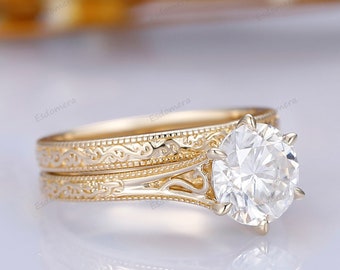 Unique Vintage Round Moissanite Ring Bridal Se, Solid Gold Art Deco Milgrain Filigree Band, Classic Wedding Milgrain Engagement Ring Set