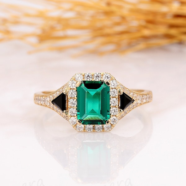 Lab Created Emerald Ring, Vintage Art Deco Style, Emerald Cut 2CT Emerald Engagement Ring, 14k Yellow Gold Ring, Natural Onyx Ring