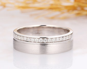 Brushed Finish Men's Band, Moissanite Ring, Pave Set Moissanite Band, 14k White Gold Men's Wedding Band, Gift For Him, Father's Day Gift