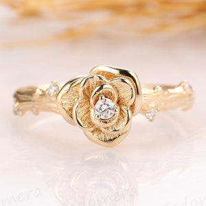 Floral Diamond Ring, Diamond Rose Flower Design Ring, 0.04ctw Diamonds Ring, Solitaire Accents 14k Solid Gold Wedding Engagement Ring
