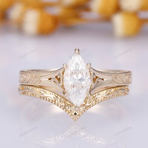 Flat Wings Marquise Cut 1CT Moissanite Engagement Ring Set, Art Deco Filigree Style Ring Gifts, Bridal Anniversary Ring, 2pcs Ring Set