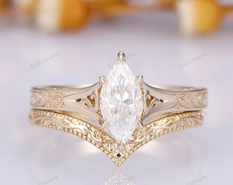 Conjunto de anéis de noivado de moissanite de corte marquise de asas planas 1CT, presentes de anel de estilo filigrana art déco, anel de aniversário de noivado, conjunto de 2 anéis