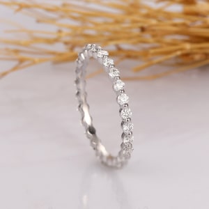 Dainty Moissanite Matching Ring, Full Eternity White Gold Wedding Band, Art Deco Bridal Anniversary Gift For Her, Simple Bridal Promise Ring