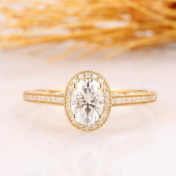 Oval Cut 5x7mm Moissanites Engagement Ring, 14k Solid Yellow Gold Milgrain Art Deco Halo Moissanite Ring Unique, Anniversary Gift For Lover