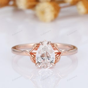 Pear Shaped Moissanite Engagement Ring, Solid Gold Unique Solitaire Ring Women, Leaf Art Deco Bridal Promise Branch Anniversary Ring Gift