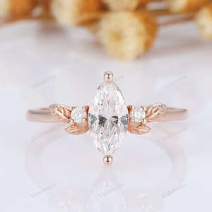 1.00ct Marquise Moissanite Engagement Ring, Real Gold Art Deco Engagement Ring, Leaf Marquise Ring, Handmade Unique Three Stone Ring