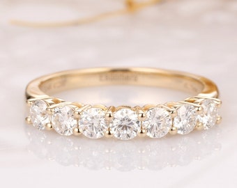 Round Cut Moissanite Wedding Ring, 7 Stone Wedding Band, 14k Yellow Gold Moissanite Bridal Ring, Anniversary Promise Ring, Ring For Women