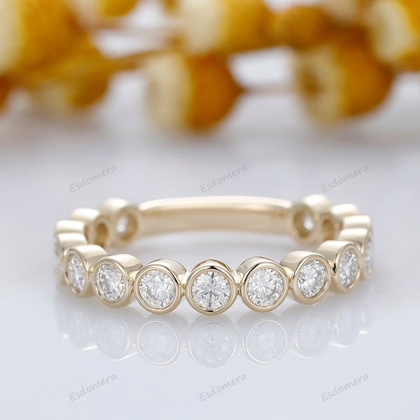 2.50mm Round Cut Moissanite Wedding Band, Floating Bubble Set Ring, Stackable Matching Band For Women, 3/4 Eternity Bezel Set Wedding Band