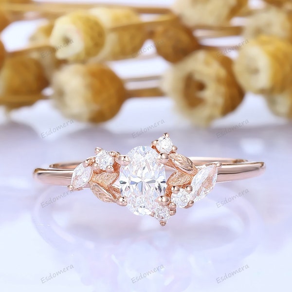 Floral Oval Cut Lab Grown Diamond Engagement Ring, Rose Gold Unique Leaf Design Bridal Ring Vintage Anniversary Promise Wedding Ring Women