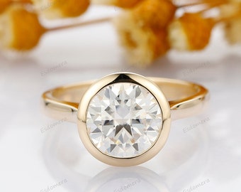 Colorless Moissanite Bezel Set Ring, 3CT Round Moissanite Engagement Ring, Solid Gold Bezel Promise Ring, Handmade Wedding Ring For Women