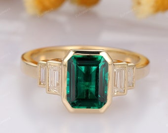 Emerald Engagement Ring, Vintage Baguette Moissanite Ring, Bezel Set May Birthstone Ring, Bridal Promise Anniversary Ring, 2CT Emerald Ring