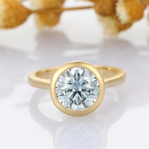 Matte Finish Engagement Ring, Light Blue Moissanite Engagement Ring, Round Moissanite Solitaire Engagement Ring, Round Bezel Setting Ring